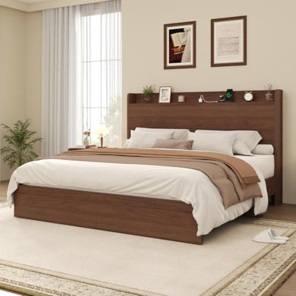 Queen Size Bed Frame with Storage Headboard & 2 Drawers, Mid-Century Modern Platform Bed with Charging Station & Shelf, Wooden Slat Support, No Box Spring Needed (Queen (U.S. Standard)) - size: Queen (U.S. Standard)