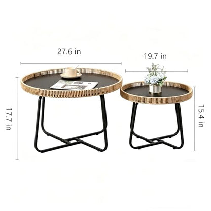 Round Woven Nesting Table, Wicker Coffee Table and Side Table Set of 2 | Metal Legs, for Living Room\ Outdoor\ Bedroom\ Office\ Balcony\ Patio, with Lip on Top