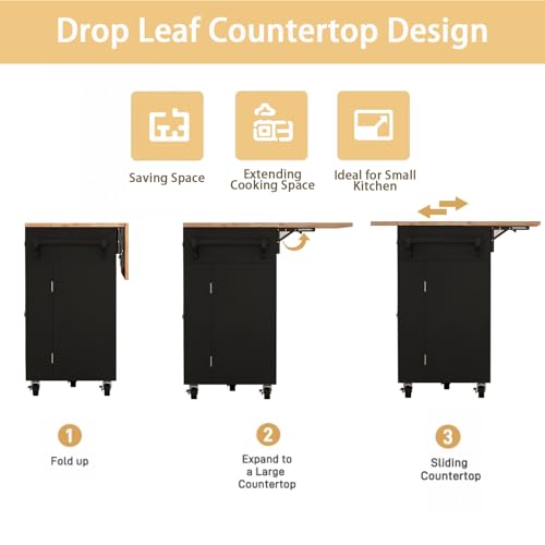 67 Kitchen Island Cart with Drop Leaf Breakfast Bar, Rolling Mobile Kitchen Island Table on Wheels with Storage Cabinet, Drawer, Spice/Towel Rack, Black - size: 67 Inch
