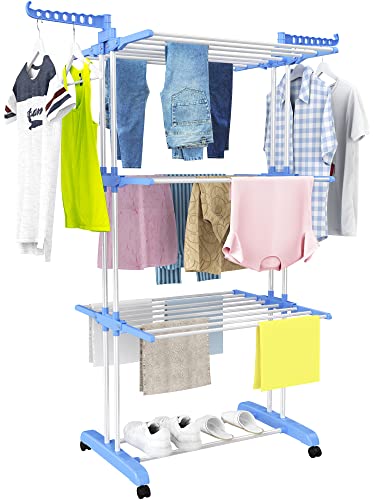 HOMIDEC Clothes Drying Rack, 4-Tier(67.7" H) Foldable Drying Rack Clothing | Foldable Stainless Steel Drying Rack, Movable Laundry Drying Rack with 4 Castors and 14 Hooks for Bed Linen, Clothing, Blue - color: Blue