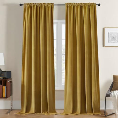 Joydeco Brown Velvet Curtains 63 inch Length 2 Panels, Luxury Blackout Rod Pocket Thermal Insulated Window Curtains, Super Soft Room Darkening Drapes for Living Dining Room Bedroom,W52 x L63 inches - color: Rod Pocket | Golden Brown, size: 52"W x 63"L (Pa