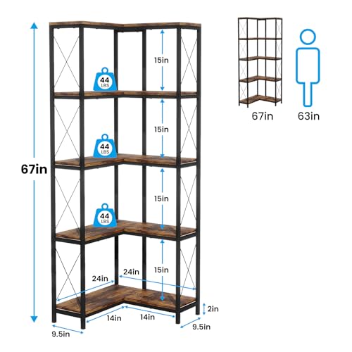 Corner Bookshelf with Storage 5 Tier Tall Rustic Shelf Stand with Light | Corner Bookshelf with Storage 5 Tier Tall Rustic Shelf Stand with Light - color: Flamed, size: 5-Tier