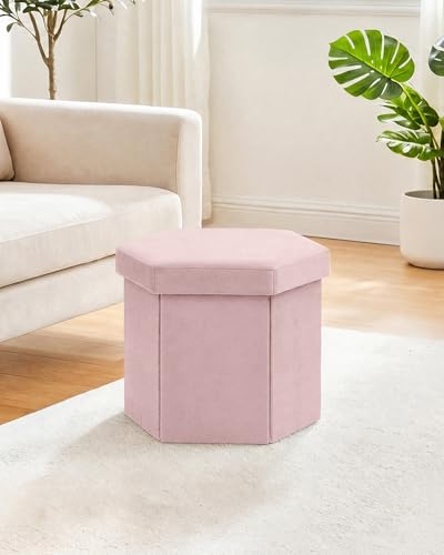 B FSOBEIIALEO Storage Ottoman Cube Hexagonal Pouf Ottomans, Foot Rest Seat for Sofa Footrest Entryway Shoe Footstool for Living Room/Bedroom/Entrway Velvet Pink 16.93"x15"x15" - color: Pink