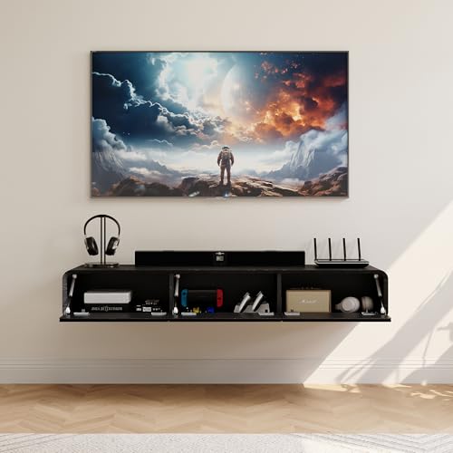 POVISON Fully-Assembled Minimalist Floating TV Stand, Modern Wall-Mounted Entertainment Center with 3 Flip-Down Cabinet Doors, Wood Media Console - color: Black, size: 62.99"