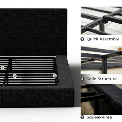 RECCI AirFrame Queen Upholstered Bed Frame with Plush Padded Headboard | Plush Padded Headboard, 360° Soft Foam Surround, Low Profile Cloud Bed Frame, No Box Spring Required, Easy Assembly - color: Onyx Black, size: Queen