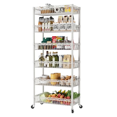 SINGAYE 6 Tier Shelf Wire Shelving Adjustable Storage Shelves Basket Rack | Adjustable Shelves with Wheels Metal Storage Unit Closet Bathroom Organizers Pantry Kitchen Garage Laundry Room White - color: White, size: 6-Tier[30"Dx13.5"Wx65"H]