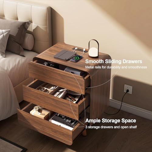 Nasonet 27.7'' Tall Night Stands Set of 2 with Charging Station, Mid-Century Modern Large Bedside Table with Outlets, Wide Wood End Table for Bedroom, Walnut - color: Walnut, size: 3 Drawers