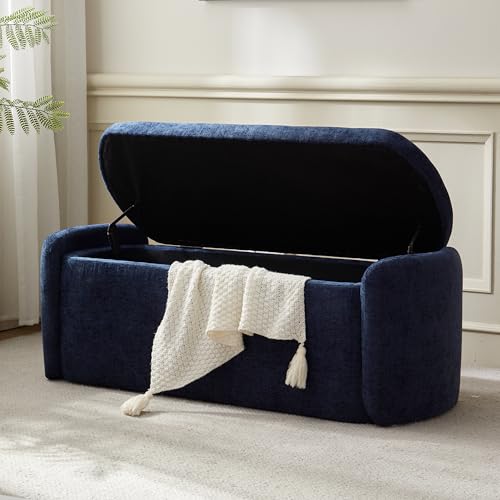VKNOW Storage Bench, Upholstered Storage Ottoman Bench with Hinge, Navy | Ottoman Bench with Large Capacity, Curved Frame, Soft Fabric, Storage Bench for Bedroom, Living Room, Entryway, Window - color: Navy, size: 46.1"