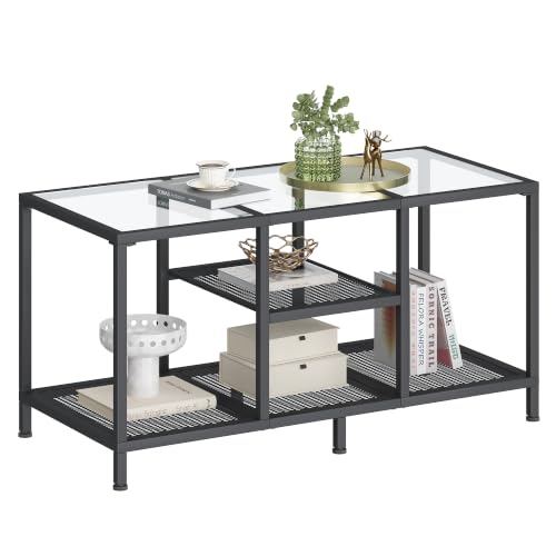 Glass Coffee Table, Minimalist Center Table for Living Room | Modern Coffee Table with Metal Frame & Open Storge, Easy Assembly, Coffee Tables for Small Space, 34.3" x 19" x 15.4", Black - color: Black