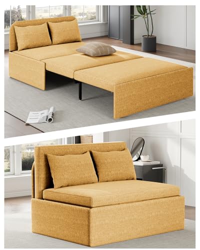 43.3" Twin Size Pull Out Sofa Bed，3-in-1 Linen Convertible Sleeper Sofa Bed,Loveseat Pullout Bed with Pillows and Tri-fold Mattress for Small Space/Bedroom,Yellow - color: Yellow, size: Twin