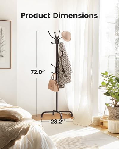 Pipishell Coat Rack with 14 Hooks, Freestanding Coat Rack Stand for Entryway, Hallway, Bedroom, and Office, Metal Coat Tree & Hat Rack for Coats, Hats, and Bags, Brown | Durable metal frame, stable four-point base, 2 hook heights for adults and kids, smoo