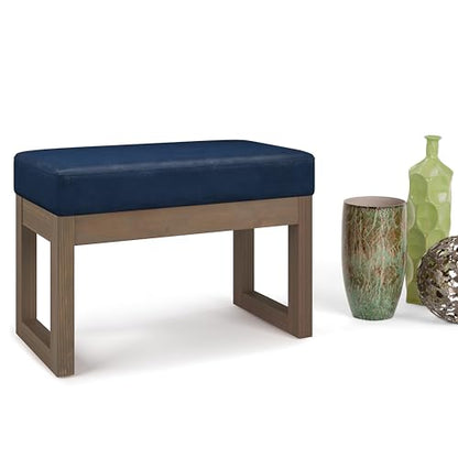 SIMPLIHOME Milltown 27" Wide Vegan Leather Rectangle Ottoman in Dark Blue | Distressed dark blue, contemporary ottoman, footstool or footrest with a cushioned seat for extra seating in the bedroom. - color: Distressed Dark Blue, style: Small Ottoman Bench