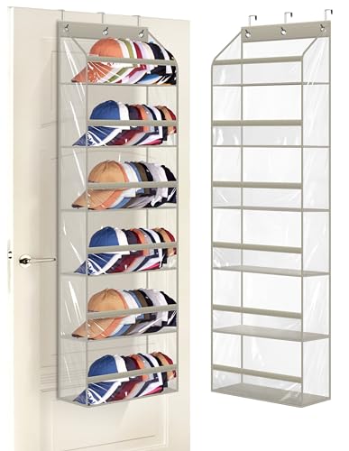 AOODA Clear Over the Door Hat Racks for Baseball Caps, Large Holds up to 72 Caps Hat Storage Organizer for Closet Wall, Deep Pockets Hanging Snapback Holder Shelves with 3 Hooks, Grey - color: Grey, size: 53.5"