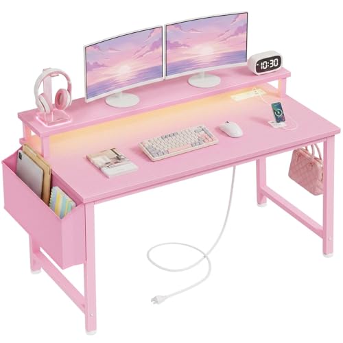 Lufeiya Girls Desk with Power Outlets and LED Lights, 40 Inch Gaming Desk Table with Charging Station, Home Office Computer Desks with Monitor, Pink - color: Pink, size: 39.4"