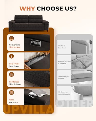 Upvilla 88.97" Modern Sofa Couch Deep Seat Sofa for Living Room(Dark Gray) | 8”Cushion, Comfy 2-Seater Chenille Loveseat Sofa with Convertible Armrest, Removable Sofa Cover, High Leg - color: Dark Gray, size: 88.97" Couch