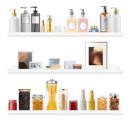 MBYD White Floating Shelves, Modern Photo Shelves with Lip, 24 Inch Wall Mount Picture Ledge Wall Shelf for Bedroom Kitchen Office Living Room Kitchen, Nursery Book Shelves Set of 3 Same Dimension - color: White, size: Set of 3 24 in