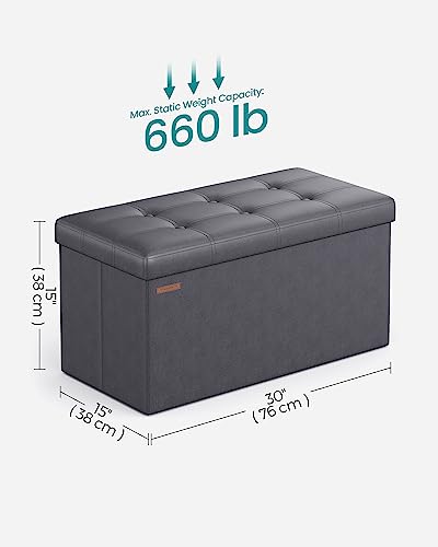 SONGMICS Mazie Collection - 30 Inches Folding Storage Ottoman Bench, Ottoman with Storage, Foot Rest Stool, Load 660 lb, for Living Room, Synthetic Leather, Dark Gray ULSF040G01 - color: Dark Gray, size: 15"D x 30"W x 15"H