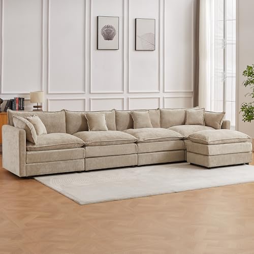 Modular Sectional Sofa, 147.2 Inch L Shaped Couch Set with Armrests, 4-Seater Comfy Cloud Couches with Movable Ottoman for Living Room Apartment, Coffee - color: Coffee, size: 147.2'' - L Shape