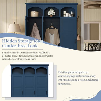 Merax Classic Arched Hall Tree with 3 Hidden Storage, Farmhouse Mudroom Bench with 5 Hooks, Mid-Century Entryway Organizer for Shoes, Blue