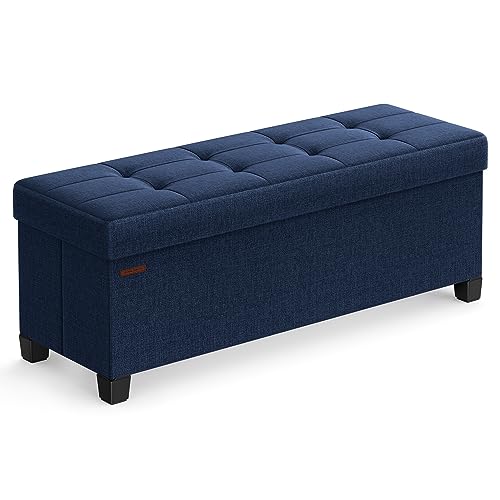 SONGMICS Storage Ottoman Bench, Foldable Foot Rest with Legs | End of Bed Bench, Storage Chest, 43.3 x 15 x 15.8 Inches, Load up to 661.4 lb, Midnight Blue, MELISA Collection ULSF018I01 - color: Midnight Blue, style: without Flipping Lid