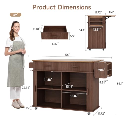 56" Kitchen Island on Wheels with Drop Leaf Countertop, Walnut | Large Mobile Island Table with 2 Drawers and Spice Rack and Tower Rack, Mid-Century Modern Island Cart w/ Storage for Kitchen - color: Walnut