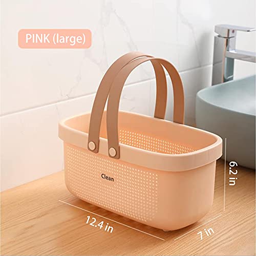 JiatuA Plastic Storage Basket with Handle Portable Shower Caddy Tote Organizer Basket Bin for Bathroom Kitchen Dorm Room Bedroom, Pink | Sturdy Drainage Large Capacity Organizer Basket with Silicone Handles for Bathroom Kitchen Bedroom College Dorm Essent