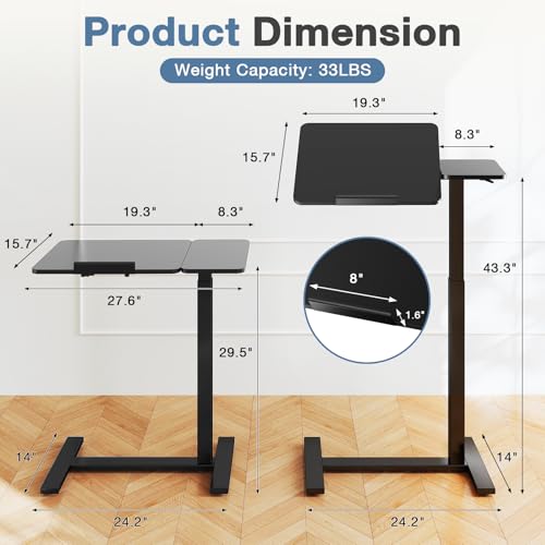 DUMOS Adjustable Bedside Overbed Table with Wheels, Black | Laptop Standing Desk with Tilting Top Height, Mobile Rolling Computer Cart for Hospital Home Bedroom Use - color: Black, size: 27.4" x 15.7" x 43.3"