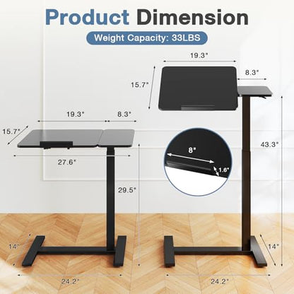 DUMOS Adjustable Bedside Overbed Table with Wheels, Black | Laptop Standing Desk with Tilting Top Height, Mobile Rolling Computer Cart for Hospital Home Bedroom Use - color: Black, size: 27.4" x 15.7" x 43.3"