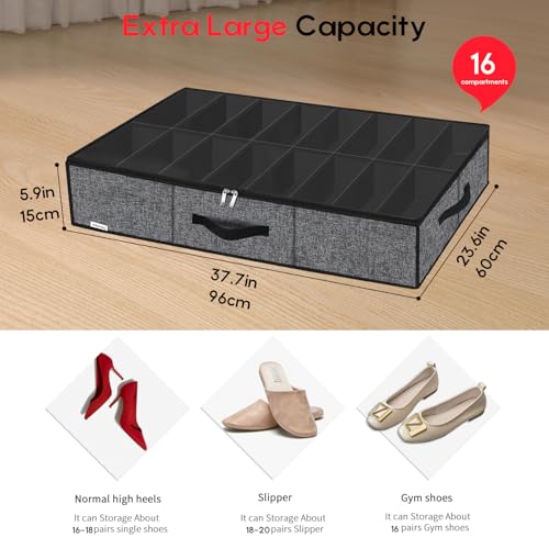 Onlyeasy Sturdy Under Bed Shoe Storage Organizer with Handles and Clear Window Fit 16 to 32 Pairs, Premium Foldable Shoes Container Box for Closet, 37.7x 23.6x 5.9 inch, Cotton-like Black, MXBUBS16P2 - color: 2 Shoes (16+16 Cells) Cotton-like Black