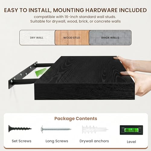 20 Inch Floating Shelves, 12'' Deep Black Shelves for Wall Set of 2 | Invisible Brackets, Engineered Wood, Mounting Hardware Included, 35LBS, Bathroom, Laundry Room, Kitchen, Living Room - color: Black, size: 20W x 11.6D x 2H, 2 Pack