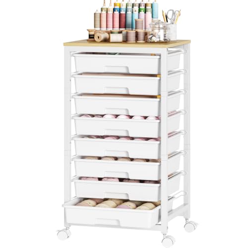Sykiariol Rolling Cart with 8 Drawers,White | Storage Cart with Wooden Tabletop and Wheels for Craft Organizer,Classroom,Office,Easy Assembly - color: White, size: 8 Drawers