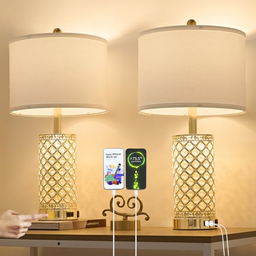 SAIWEYA 24in Crystal Table Lamp Set of 2 Bedroom Lamps for Night Stand | 3-Way Dimmable Touch with Night Ligh, 2 USB Ports + AC Outlet, White Fabric Shade, LED Bulb Included - color: Gold-2 Pack 24In