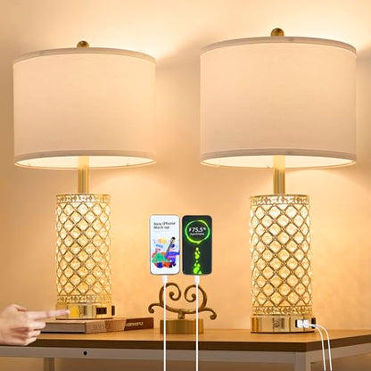 SAIWEYA 24in Crystal Table Lamp Set of 2 Bedroom Lamps for Night Stand | 3-Way Dimmable Touch with Night Ligh, 2 USB Ports + AC Outlet, White Fabric Shade, LED Bulb Included - color: Gold-2 Pack 24In