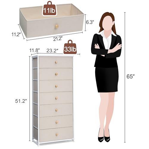 Fabric Dresser for Bedroom, Wide 7-Drawer Tall Vertical Tower (Beige) | Wooden Top, Steel Frame, Easy Pull Bin,Organizer Unit for Living Room, Hallway, Entryway, Nursery, Closets - color: Beige, style: Wide-7 Drawers
