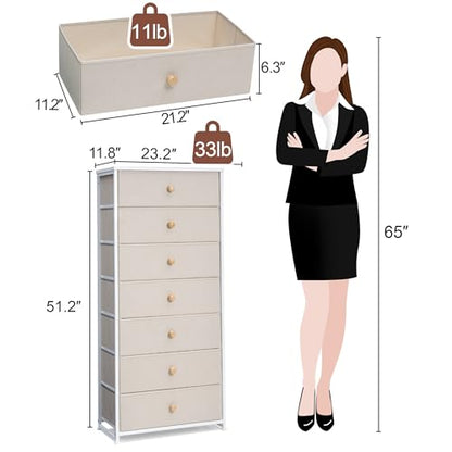 Fabric Dresser for Bedroom, Wide 7-Drawer Tall Vertical Tower (Beige) | Wooden Top, Steel Frame, Easy Pull Bin,Organizer Unit for Living Room, Hallway, Entryway, Nursery, Closets - color: Beige, style: Wide-7 Drawers
