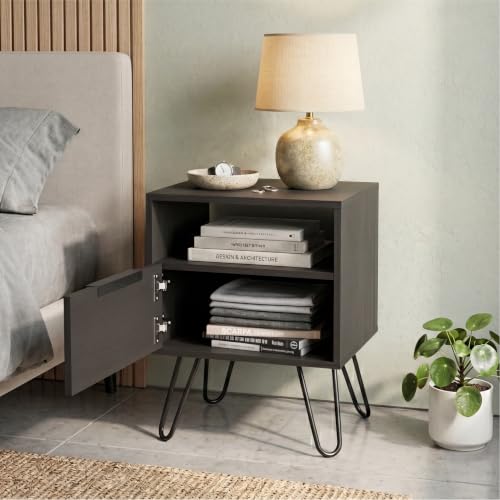 Tuhome Augusta Nightstand, Small Night Stand with Storage Drawer & Open Shelf, 22.2" Tall Narrow Bedside Table on Metal Hairpin Legs, Engineered Wood, Black or Light Oak - color: Black