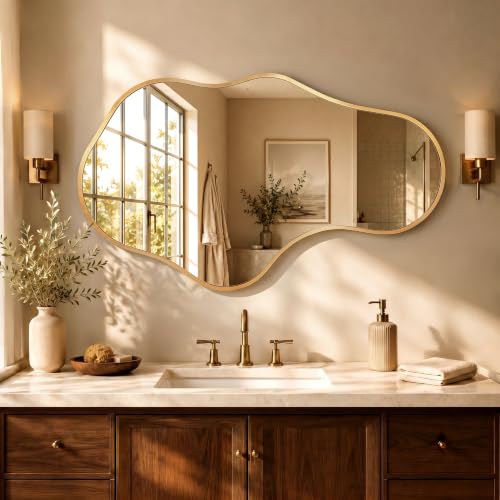 Bathroom Mirror for Over Sink-Gold Room Decor Wall Mirror 22"x 36" | Irregular Wall Mirror - Asymmetrical Abstract Mirror Unique for Bedroom, Living Room, Cloakroom, Entryway - color: Rose Gold, size: 22"L x 36"W