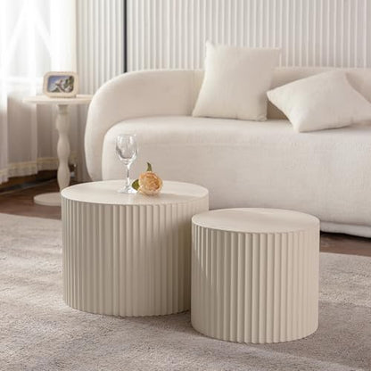 Nesting Coffee Table Set of 2, Round Wood Coffee Table and End Table Sets, Modern Double Luxury Modular Accent Center Tea Table for Living Room Bedroom, （Beige + Cream, 18.9" & 14.96" - color: 18.9" & 15"-beige