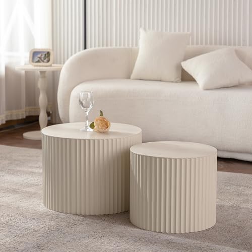 Nesting Coffee Table Set of 2, Round Wood Coffee Table and End Table Sets, Modern Double Circle Modular Accent Center Tea Table for Living Room Bedroom, （Beige + Cream, 27.56" & 19.69" - color: 27.56" & 19.7"-beige