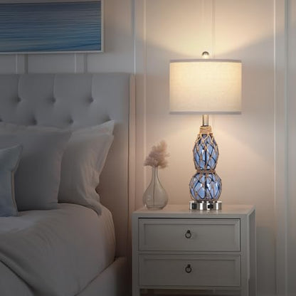 Rinweey 26" Coastal Glass Table Lamps Set of 2, 3-Way Dimmable Touch Lamps with USB Ports and AC Outlet, Nautical Bedside Lamps for Bedroom Living Room - color: Blue-2