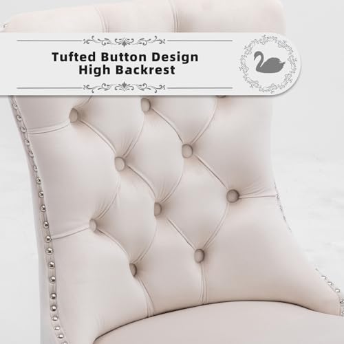 Velvet Upholstered Dining Chairs Set of 2, Modern Style Kitchen Side Chairs with Nailhead Trim and Wood Legs,Metal Pulling Ring for Dining Room Living Room(Beige,Set of 2) - color: Beige, size: Set of 2