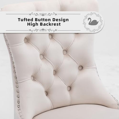 Velvet Upholstered Dining Chairs Set of 4, Modern Style Kitchen Side Chairs with Nailhead Trim and Wood Legs, Metal Pulling Ring for Dining Room Living Room, Beige - color: Beige, size: Set of 4