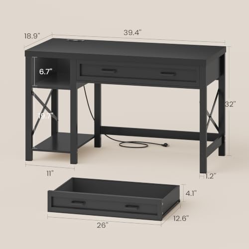 SEDETA 40" Small Computer Desk, Farmhouse Small Desk with Drawer & Storage Shelves, Writing Desk with Power Outlet, Study Table for Small Space, Desk for Bedroom, Home Office, Black - color: Black
