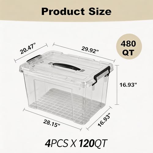 4 Pack 120 QT Plastic Storage Bins with Lids | Clear Stackable Bins with Secure Latches and Handles Heavy-Duty Storage Containers For Home Office and Garage Organization - size: 120 Qt