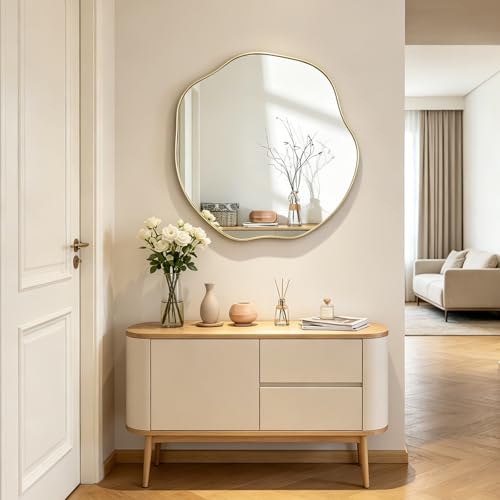 POZINO Scalloped Irregular Mirrors, 25" Asymmetrical Frameless Art Deco Mirror for Wall, Gold Wavy Decorative Accent Mirrors for Entryway Living Room Bedroom Fireplace, Horizontal or Vertical Hanging - color: Gold, size: 25"L x 25"W