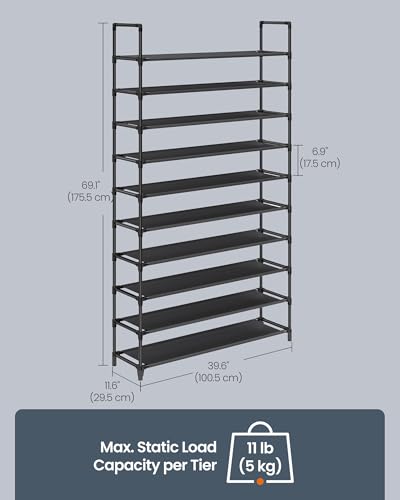 SONGMICS HOME Slim Shoe Storage Organizer, 10-Tier Metal Shoe Rack, for Hallway Closet, Non-Woven Fabric Shelves, Black - color: Black, size: 10 Tiers (11.6"D x 39.6"W)