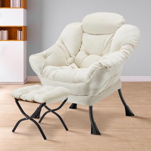 Lazy Chair with Folding Ottoman Modern Large Accent Chair,Contemporary Lounge Leisure Sofa Chair with Armrests Upholstered Sofa Armchair Reading Chair for Bedroom,Dorm & Office (Beige-f) - color: Beige