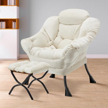 Lazy Chair with Folding Ottoman Modern Large Accent Chair,Contemporary Lounge Leisure Sofa Chair with Armrests Upholstered Sofa Armchair Reading Chair for Bedroom,Dorm & Office (Beige-f) - color: Beige