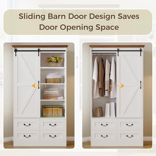 IRONCK Armoire Wardrobe Closet with 4 Drawers, Sliding Barn Doors, White | 71" Wardrobe Cabinet, Tall Clothing Storage Cabinet with Hanging Rod and Shelves for Bedroom - color: White