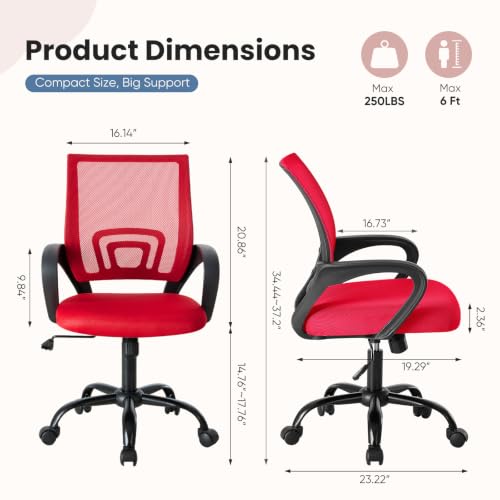 DUMOS Ergonomic Home Office Chair, Executive Mesh Desk Chair | Height Adjustable, Lumbar Support, Breathable Mid Backrest, Fixed Armrest, Rolling Wheels, Computer Gaming, Meeting, Red - color: Red